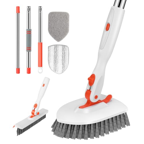 فرشاة تنظيف الأرضيات والأحواض من SetSail 4 في 1 مع مقبض طويل قابل للتعديل بطول 52 بوصة وفرشاة جراوت على شكل V و 3 رؤوس فرشاة بديلة لتنظيف الحمام والمطبخ والجدران والأحواض والبلاط